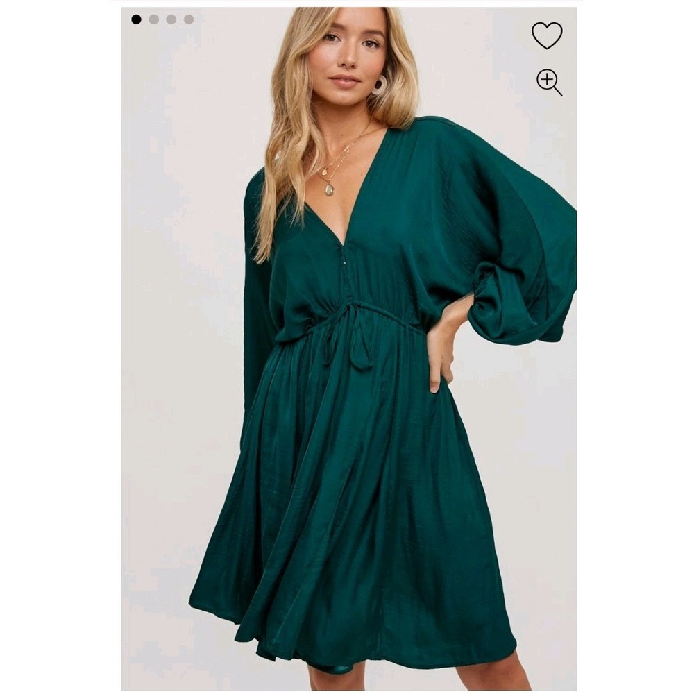 Bluivy Green Mini Dress L Satin Plunging Open Back Balloon Sleeve Whimsygoth
